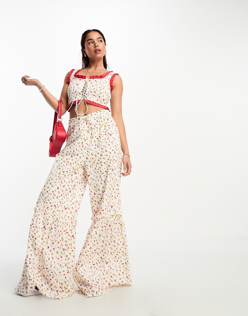 Neon Rose ditsy floral print frill edge trousers co-ord in multi