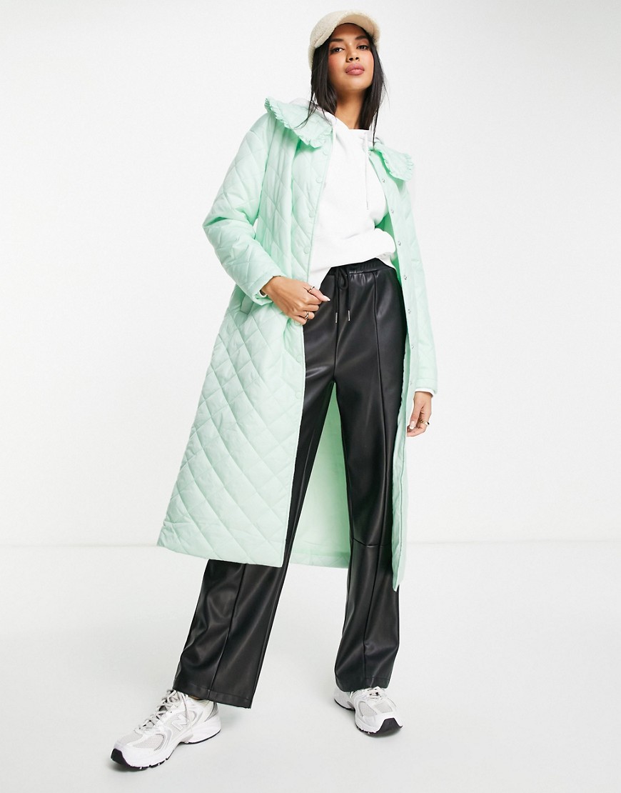 Neon Rose relaxed belted padded coat with collar in pastel-Green