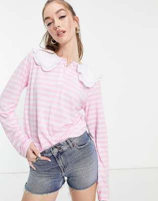 Neon Rose relaxed long sleeve top with collar in pink stripe - Click1Get2 Coupon&amp