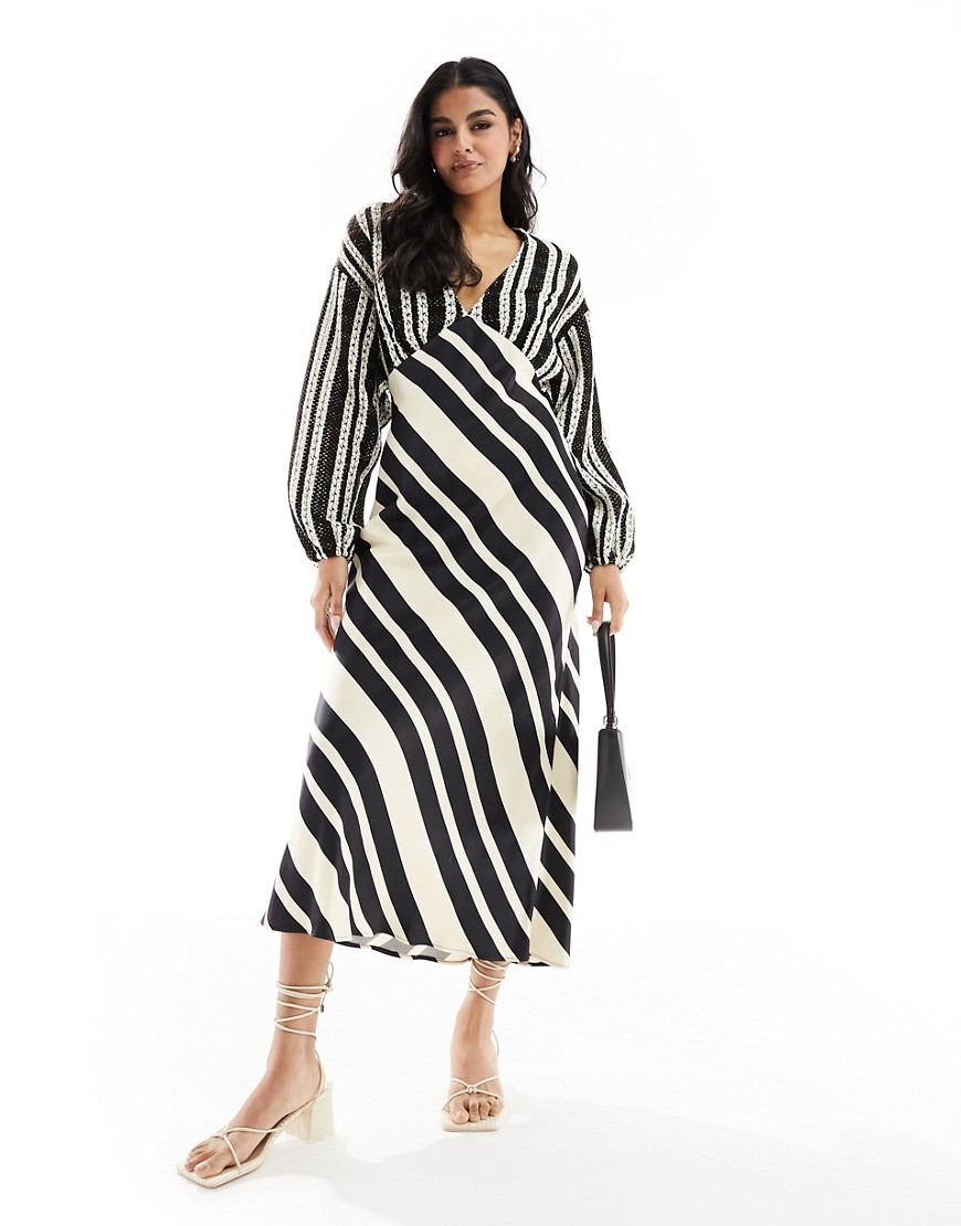 Never Fully Dressed crochet balloon sleeve maxi dress in monochrome stripe-Multi