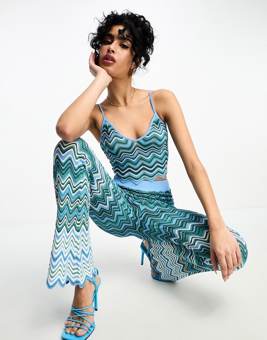 Never Fully Dressed zig zag knit crop top co-ord in teal ombre-Blue
