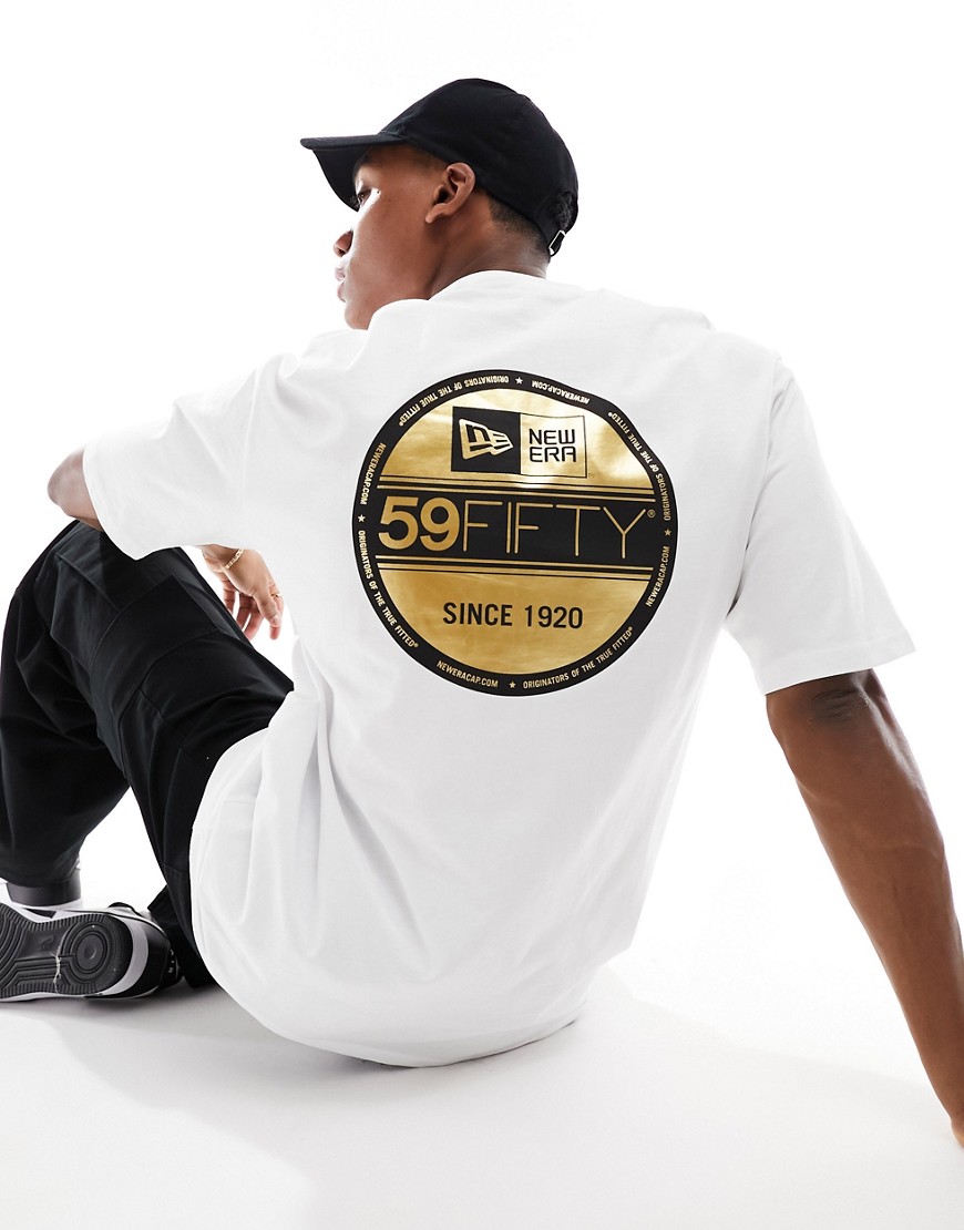 New Era sticker graphic back t-shirt with gold foil in white