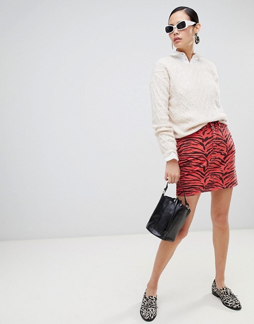 New Look Animal Print Denim Mini Skirt