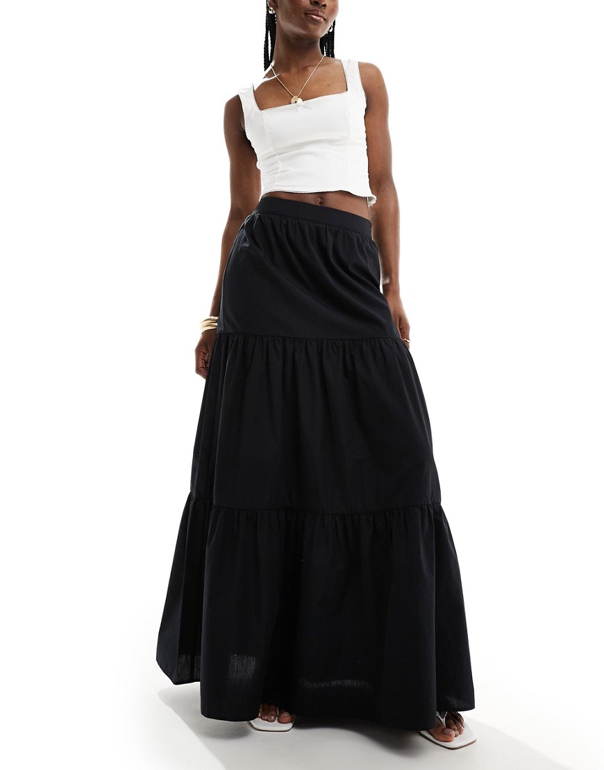 New Look boho poplin tiered maxi skirt in black