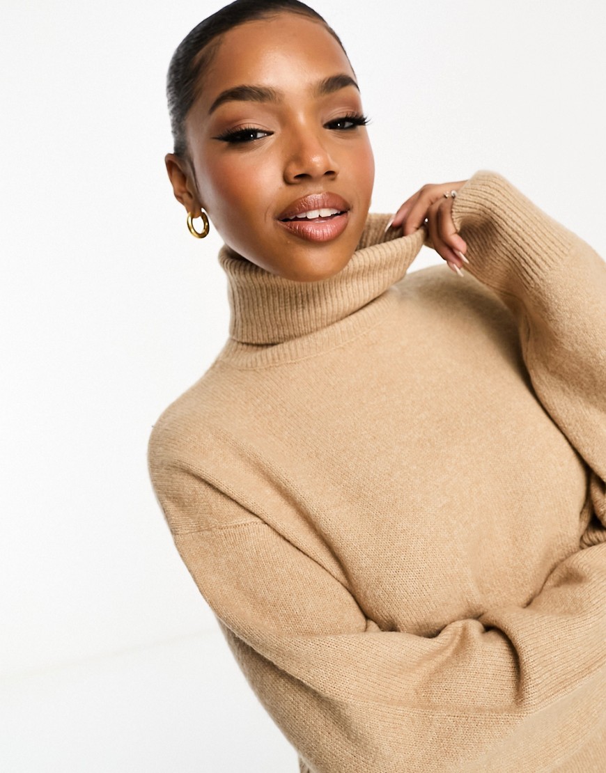 New Look chunky roll neck jumper in camel-Neutral