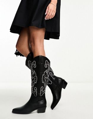 contrast stitch high leg cowboy boots in black
