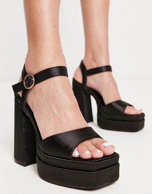 double platform square toe heeled sandals in black