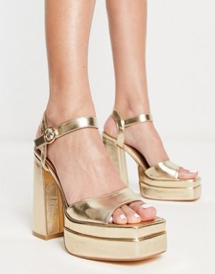 double platform square toe heeled sandals in gold