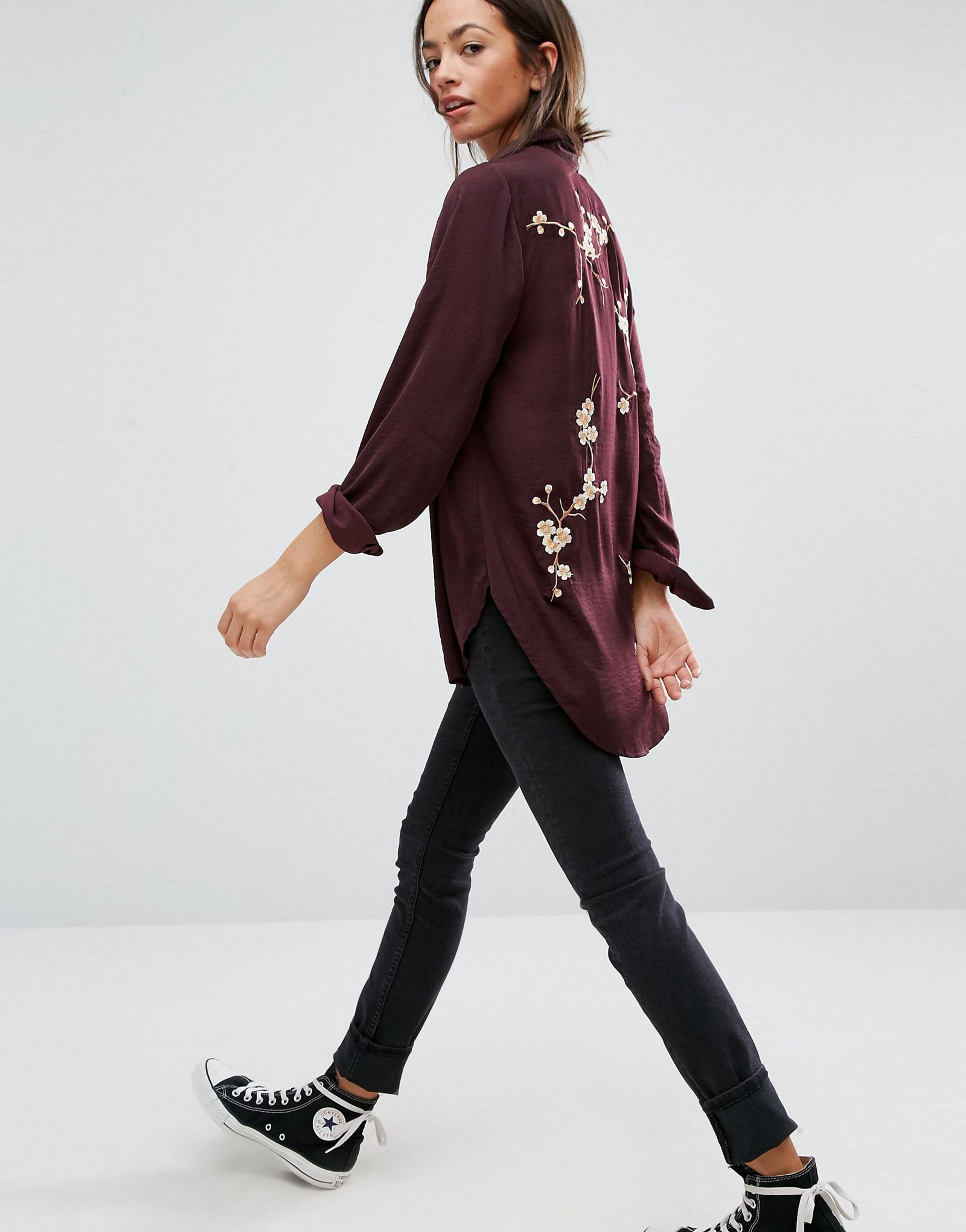 New Look Embroidered Back Longline Shirt