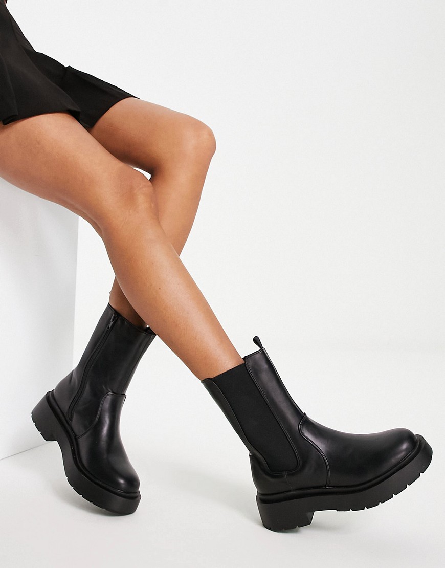 New Look flat chunky high ankle chelsea boot in black