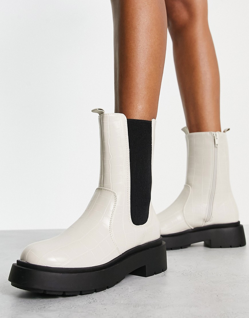 New Look flat high ankle chelsea boot in off white