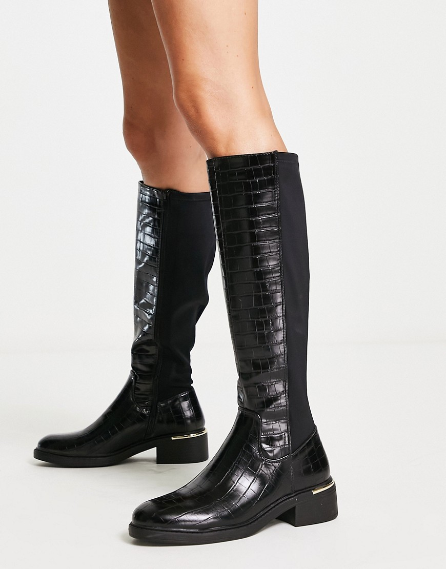 New Look flat riding boot in black croc