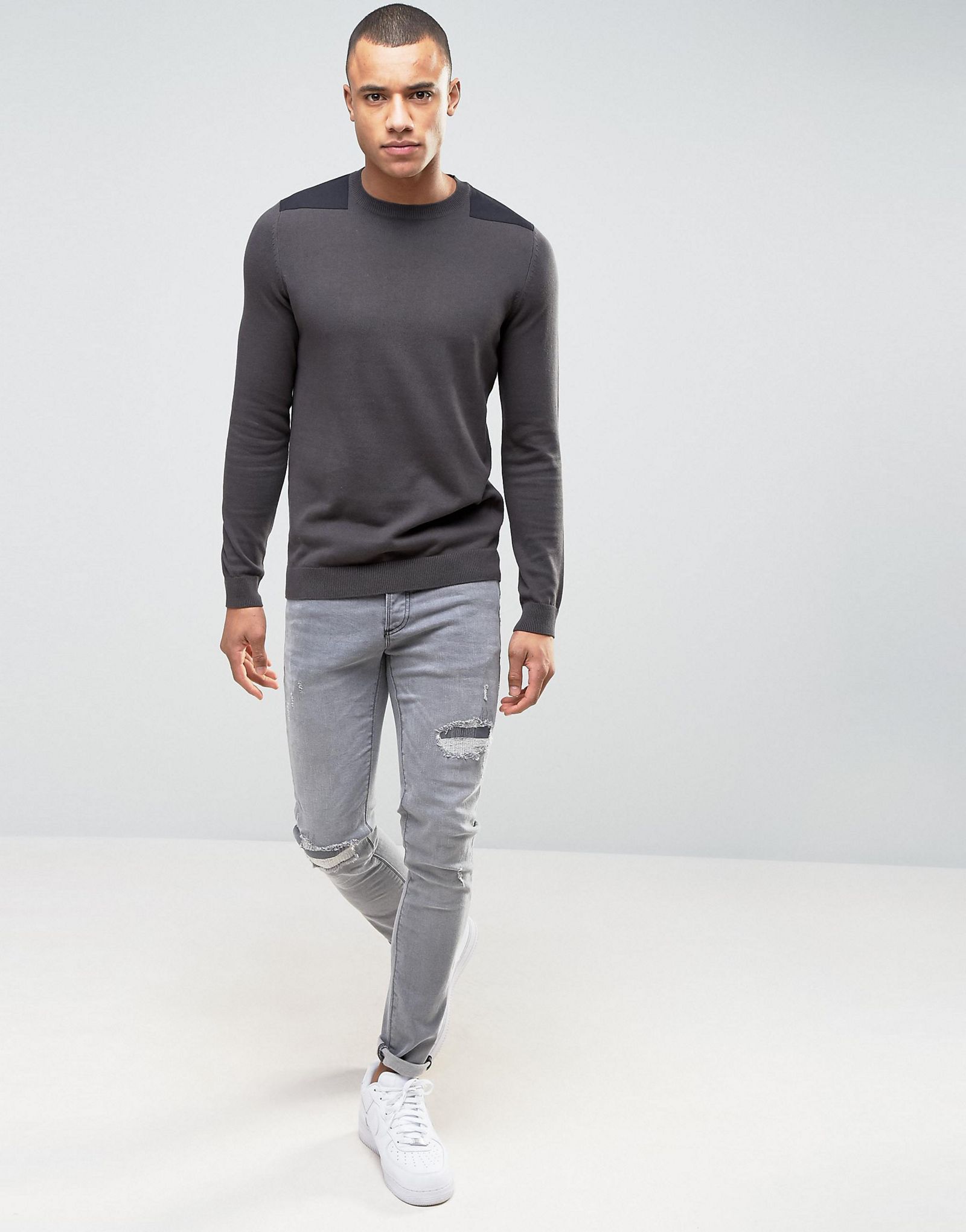 New Look Jumper With Patch Detail In Dark Grey