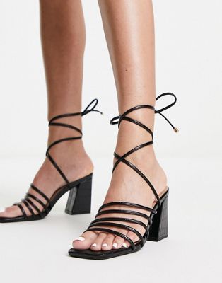 knot front strappy block heeled sandals in black