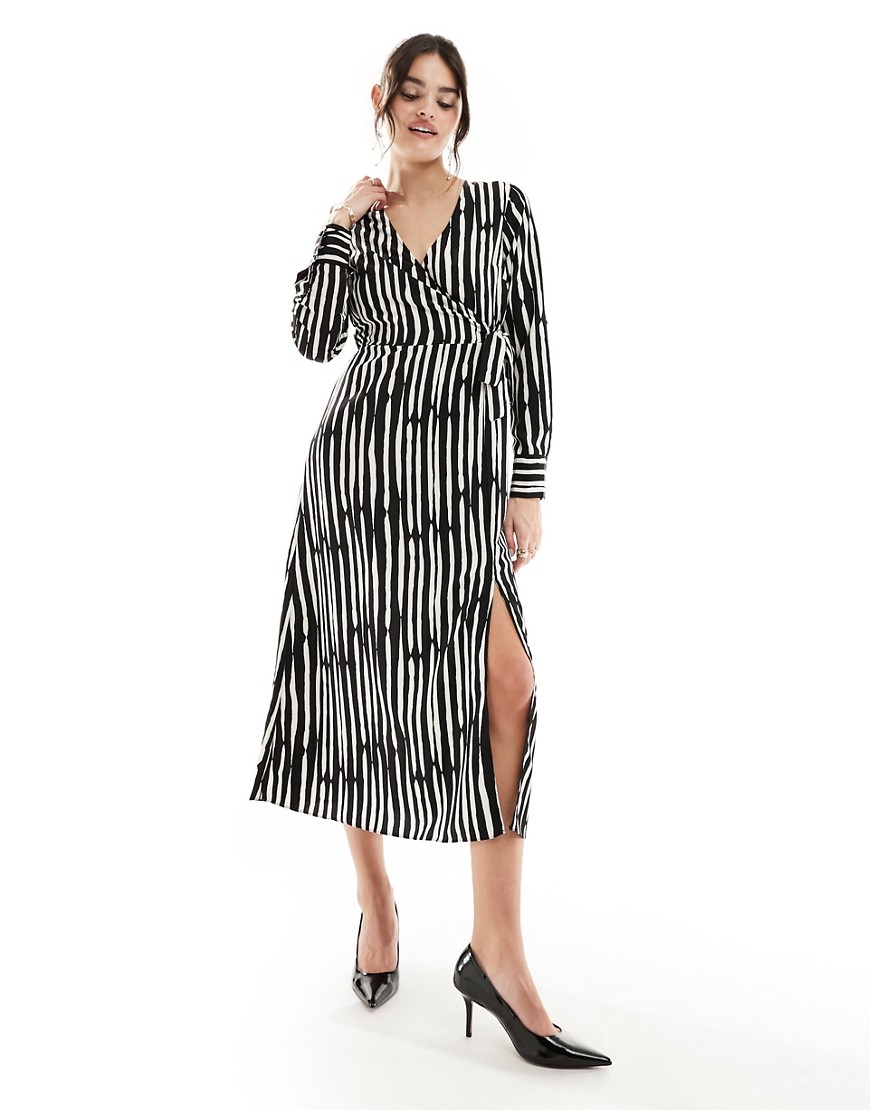 New Look long sleeve wrap midi dress in black and white stripe