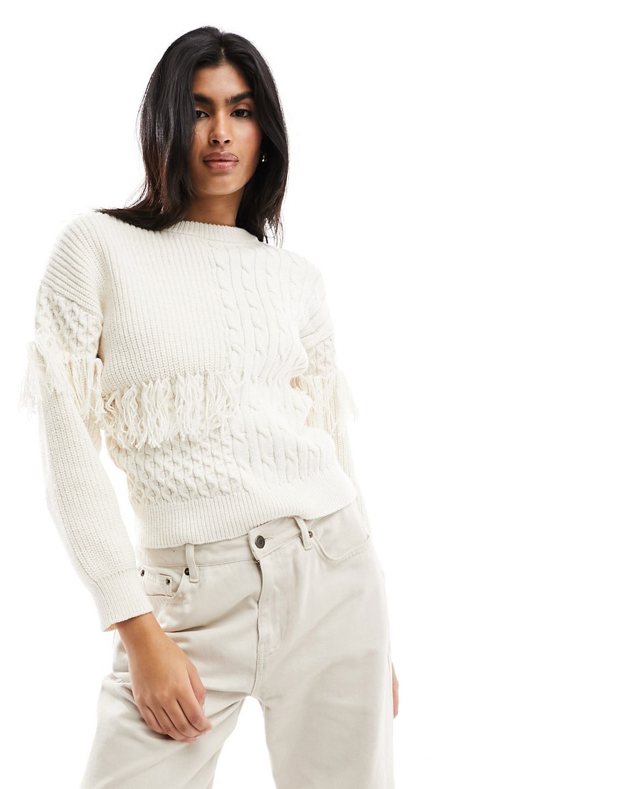 New Look patchwork fringe jumper in off white