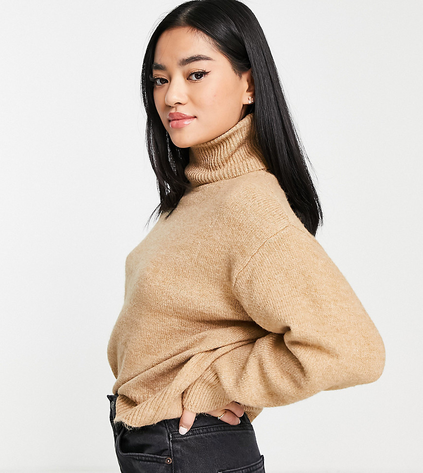 New Look Petite chunky roll neck jumper in camel-Grey