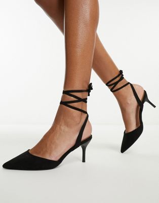 pointed ankle tie kitten heels in black