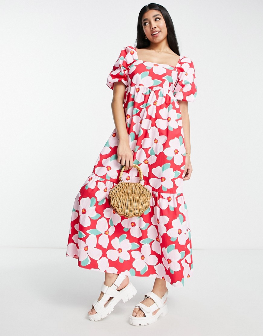 New Look puff sleeve square neck midi dress in bold retro red floral
