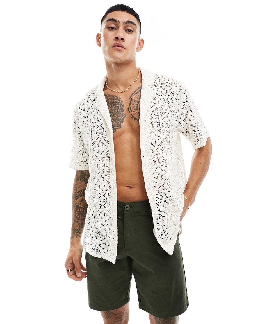 New Look short sleeved lace shirt in off white