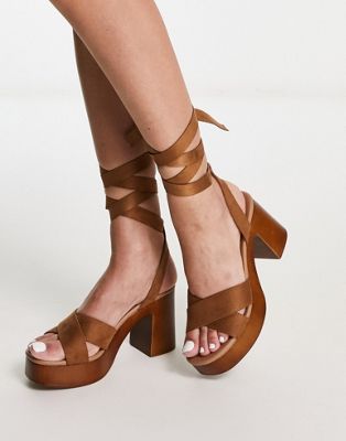 suedette ankle tie platform heeled sandals in tan
