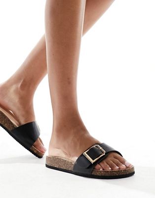 wide fit  buckle strap slip on sandal in black