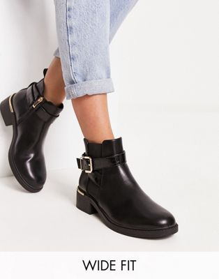 Wide Fit flat boot with buckle detail in black