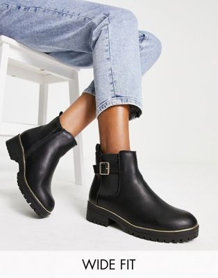 Wide Fit flat chunky chelsea boot with buckle detail in black