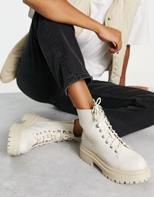 Wide Fit flat chunky lace up boot in off white