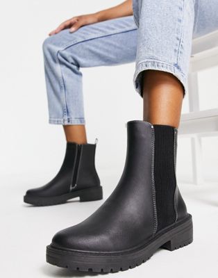 Wide Fit flat high ankle chunky chelsea boot in black
