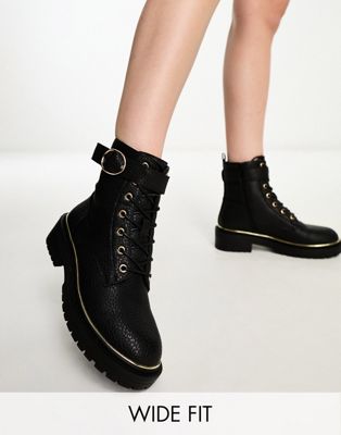 wide fit PU lace up boot with hardware in black