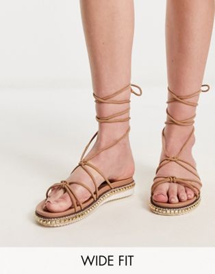 Wide Fit studded flatform sandals with ankle tie strap in oatmeal