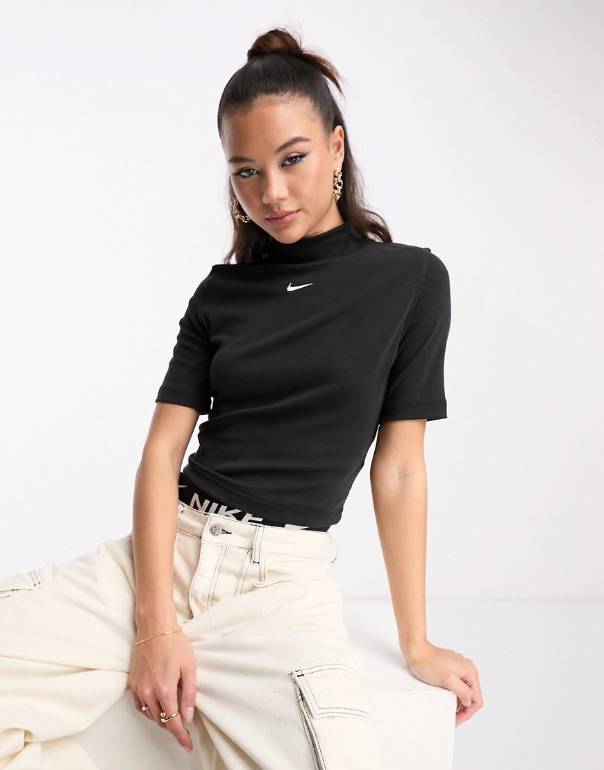 Nike Essential mini swoosh rib mock top in black