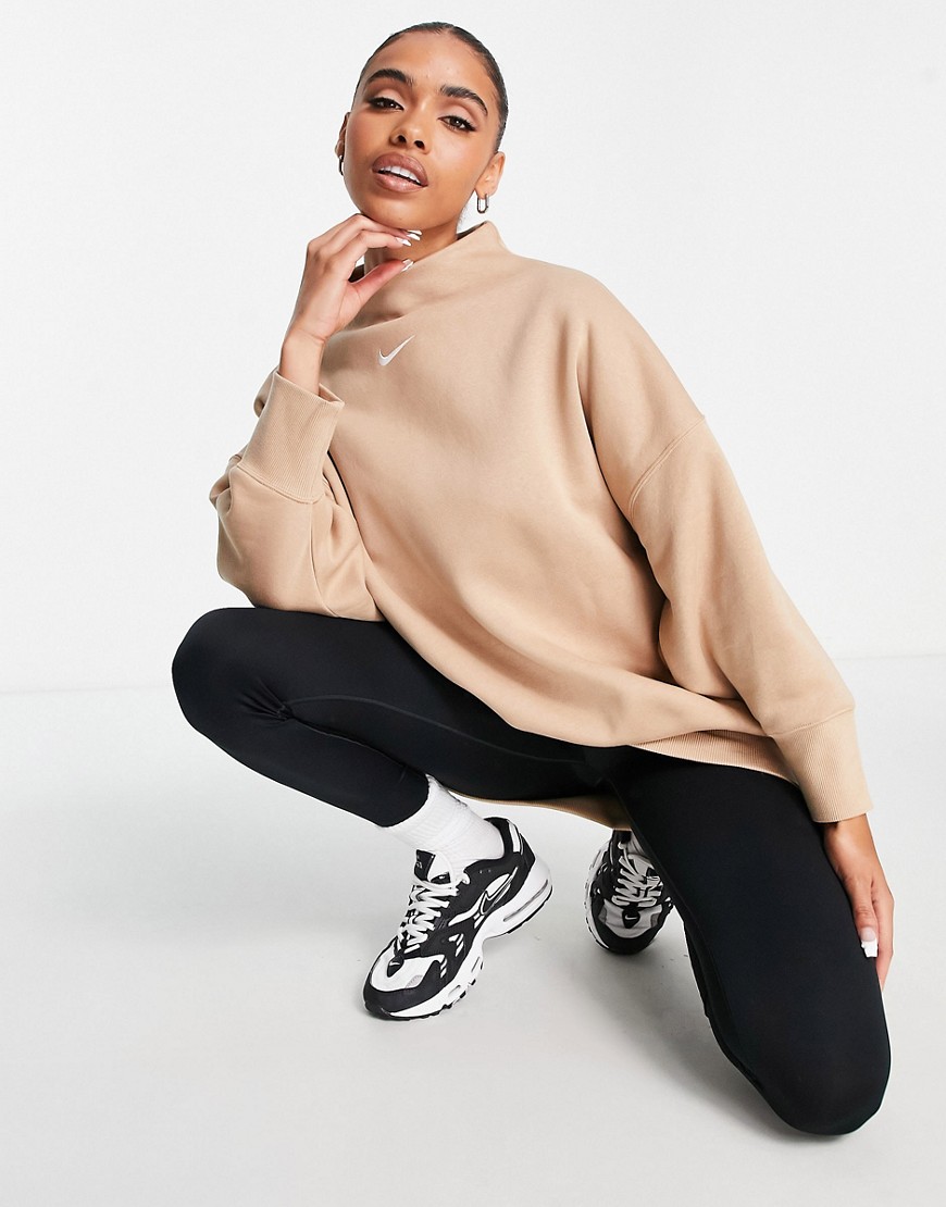 Nike mini swoosh extra oversized mock neck sweatshirt in hemp brown-Neutral