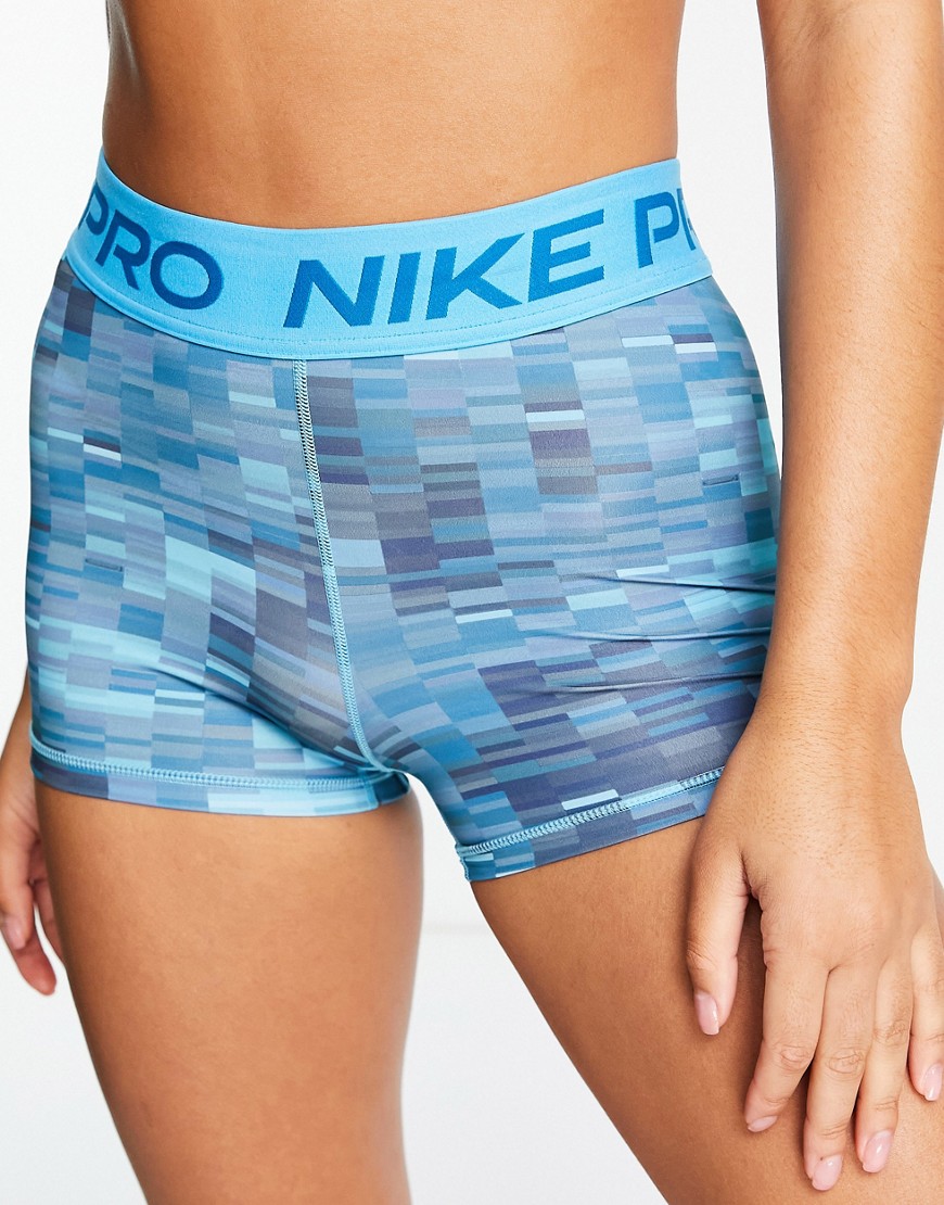 Nike Pro Training dri fit 3 inch booty shorts in bluedigital graphic