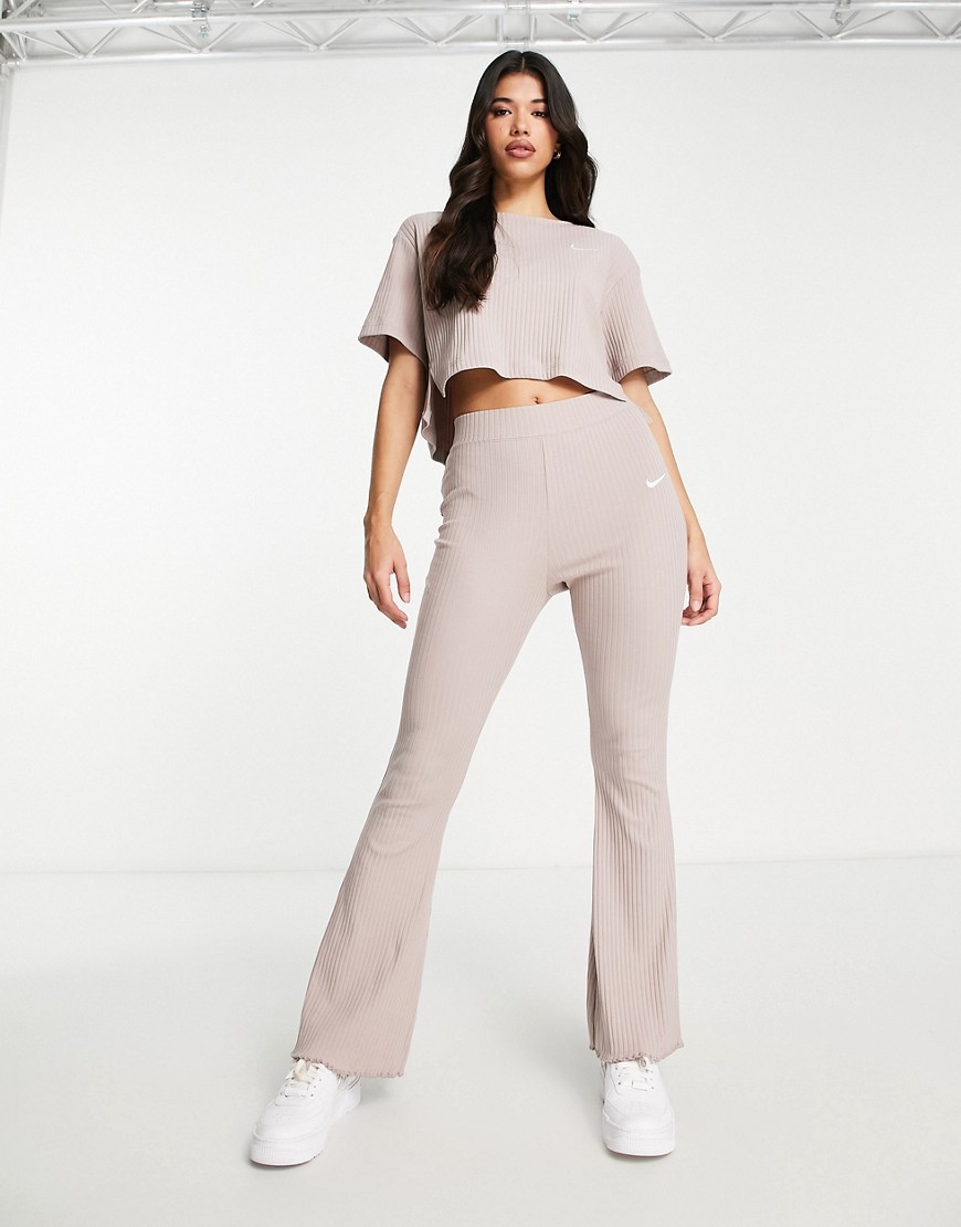 Nike rib jersey flare trousers in taupe-Grey