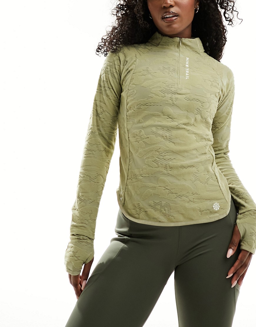 Nike Running Trail Dri-Fit long sleeve top in olive green