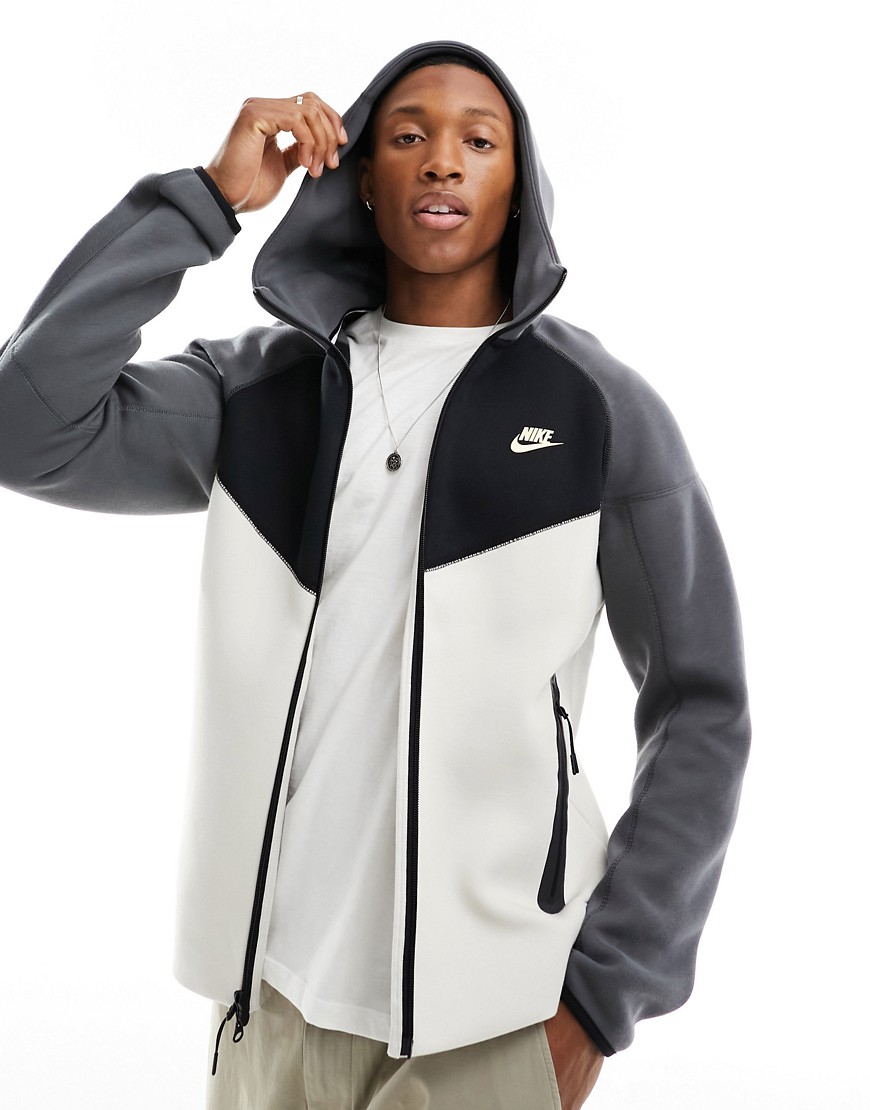 Nike Tech Fleece zip thru hoodie in white, black and grey-Brown