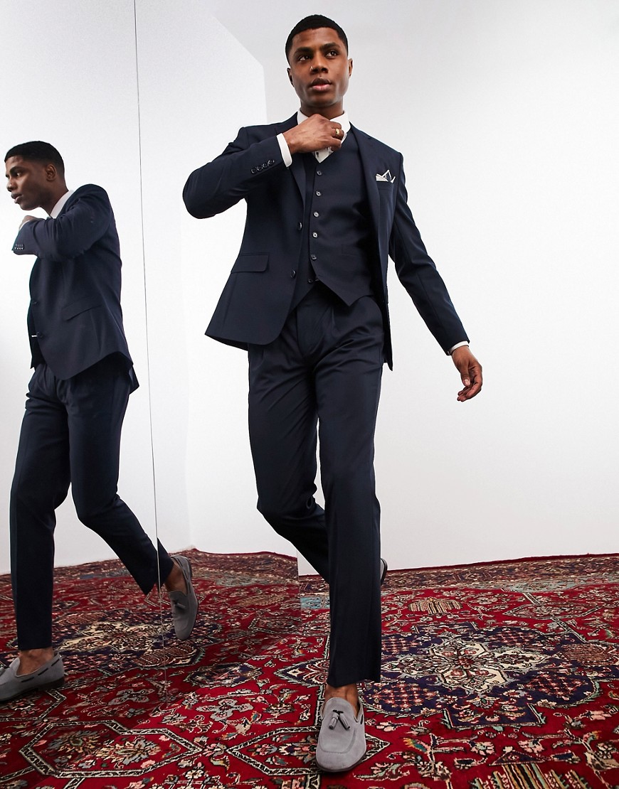 Noak ’Camden’ slim premium fabric suit trousers in navy with stretch