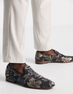 made in Portugal loafers in navy floral jacquard print