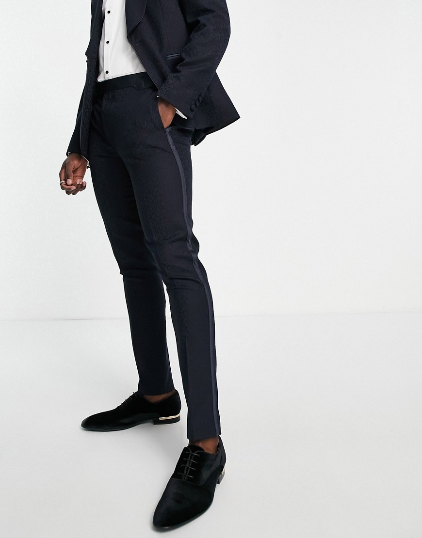 Noak skinny tuxedo suit trousers in navy virgin wool blend leopard jacquard