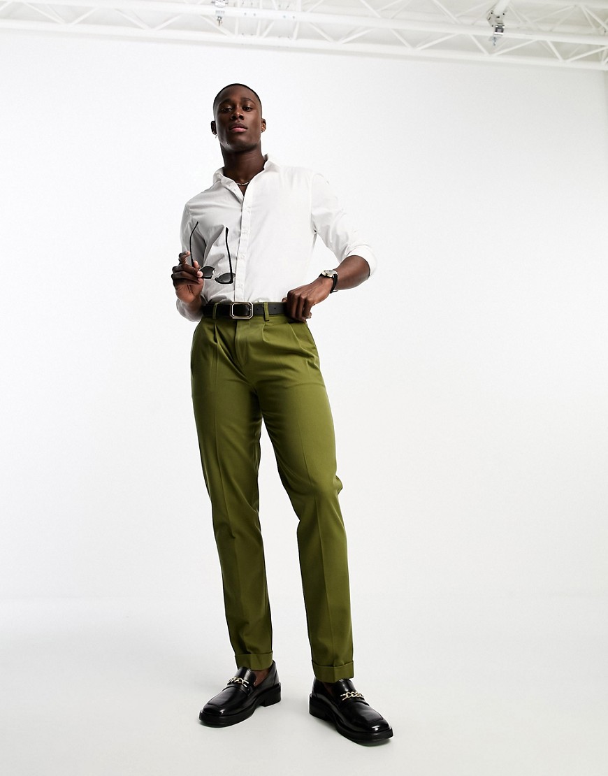 Noak slim premium cotton twill chino trousers in khaki-Green