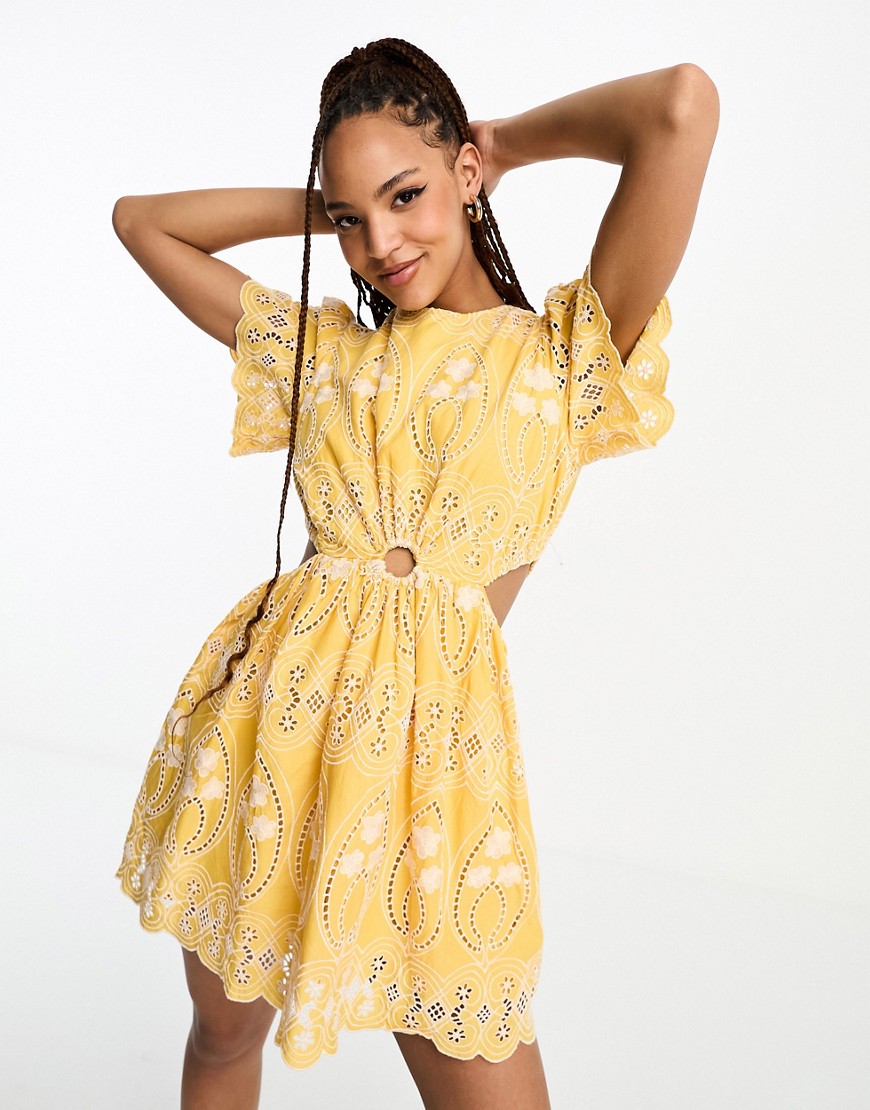 Nobody’s Child Collective Paris embroidered cut-out mini dress in ochre-Gold