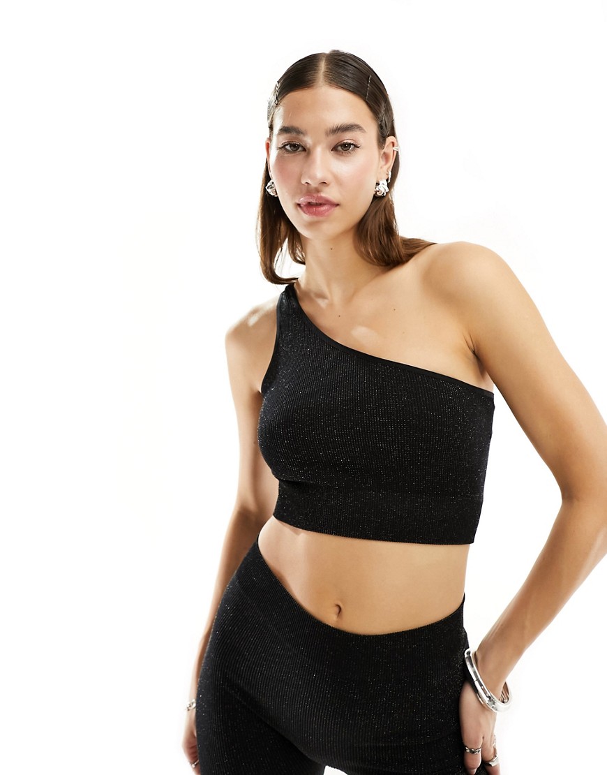 Noisy May one shoulder top co-ord in black glitter