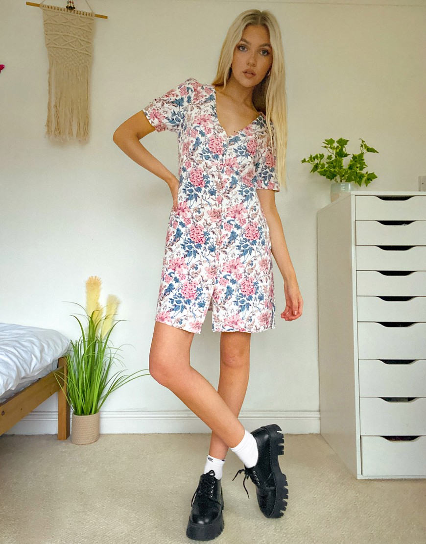 Oasis button through dress in floral print-Multi