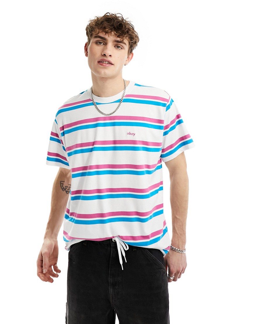 Obey stripe short sleeve t-shirt in multi-White