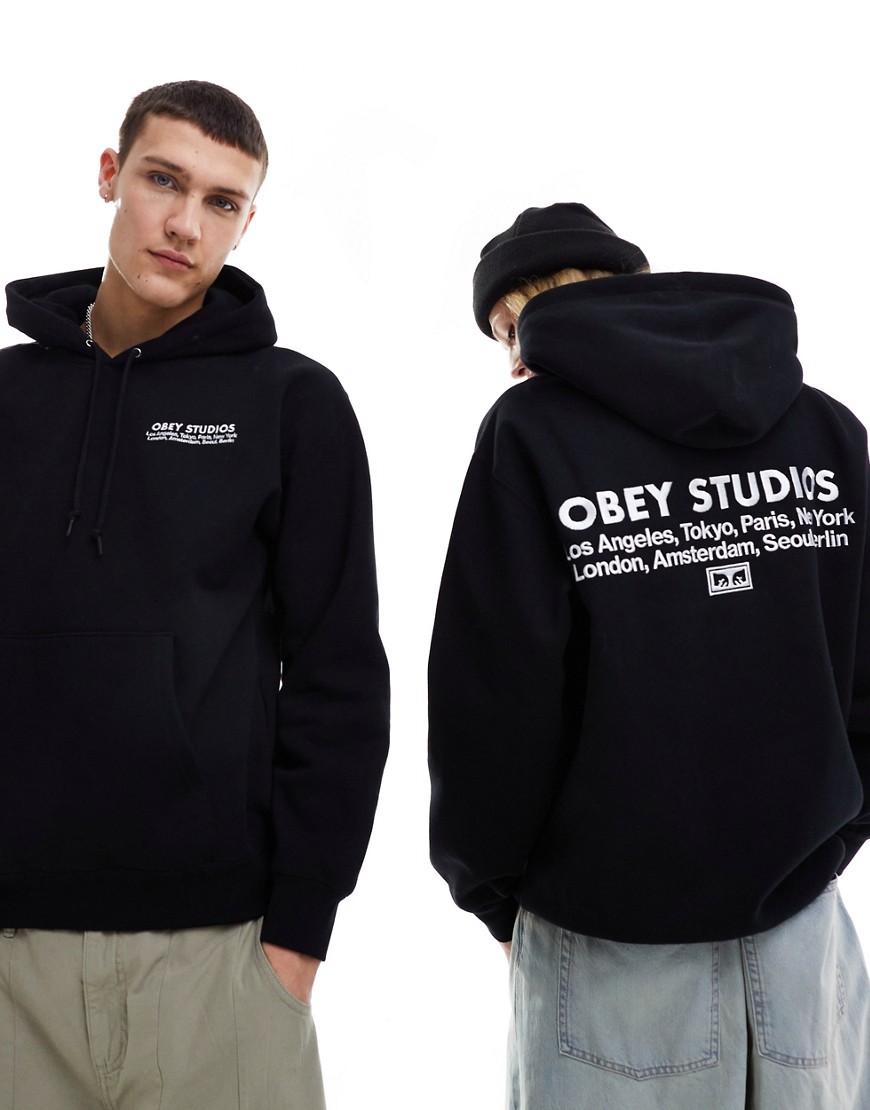 Obey unisex studios back print hoodie in black