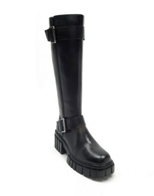 finchley high leg buckle strap leather zip biker boots in black
