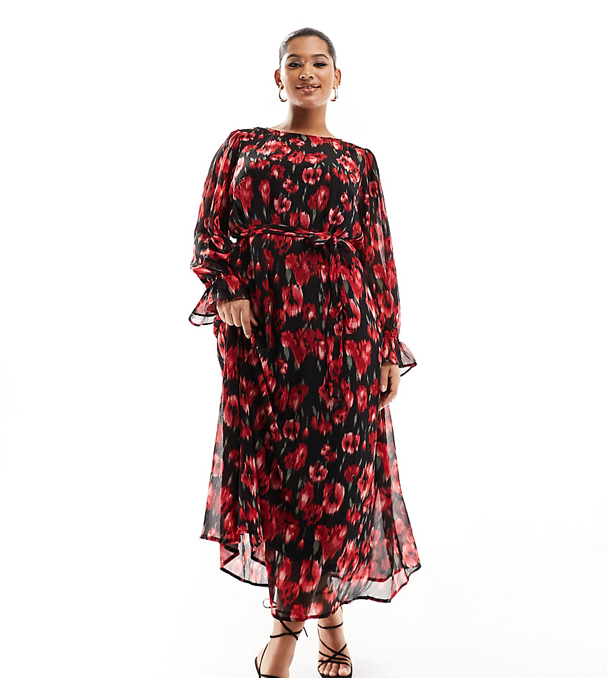 ONLY Curve belted maxi dress in black and red poppy floral