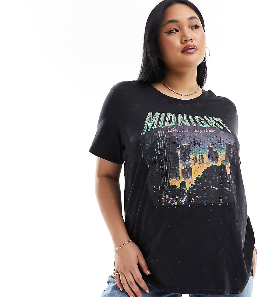 ONLY Curve oversized embellished graphic t-shirt in washed black